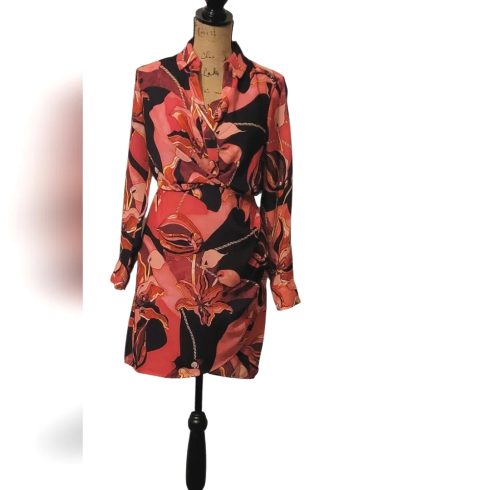 INC International Concepts Scarf Floral Chain Wrap Deep V-neckline Mini Dress